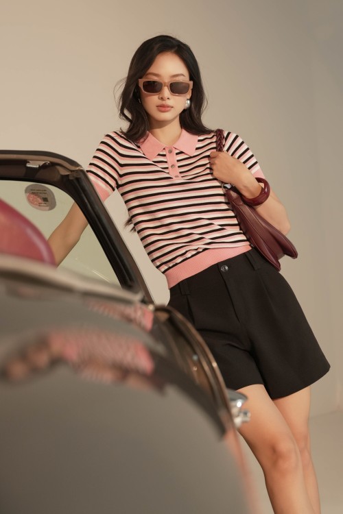White Black Fine Stripe Knit Polo