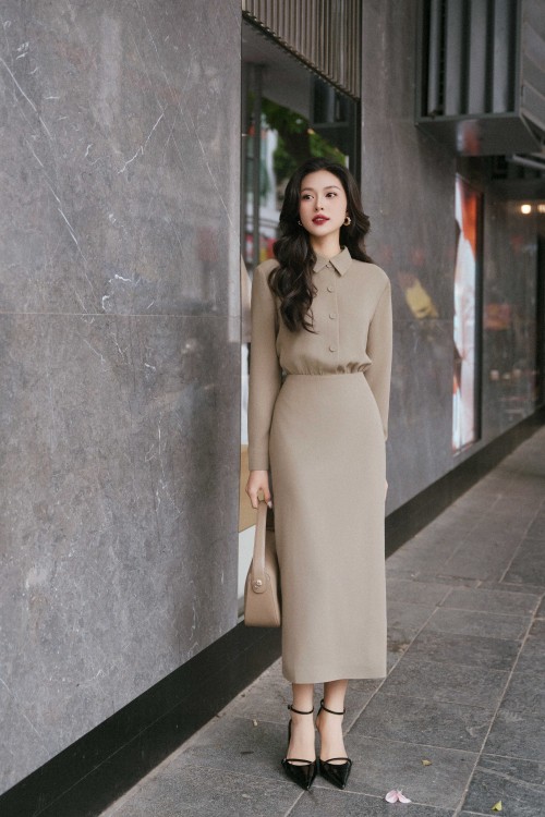 Teak Woven Pencil Dress With Belt