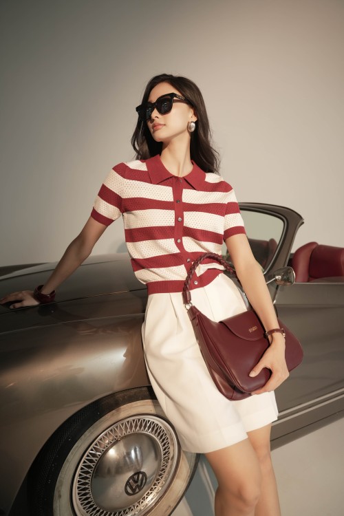 White Red Striped Knit Blouse