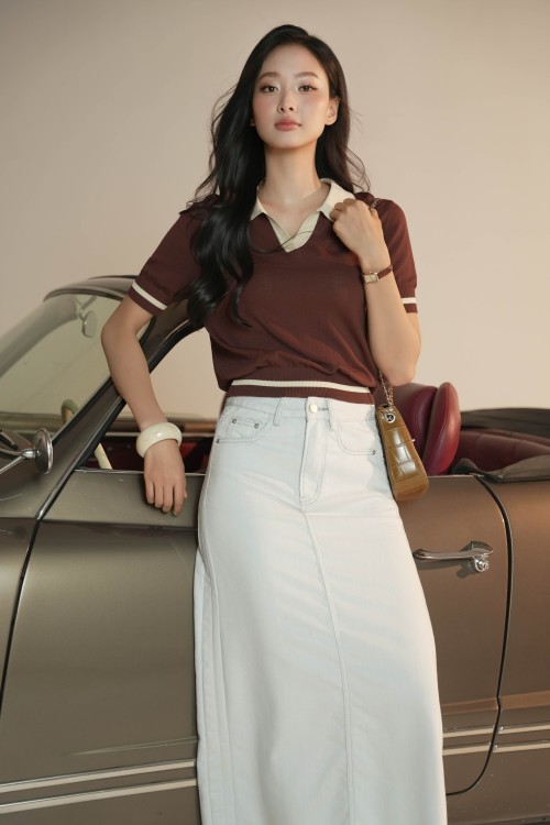 Dark Brown Contrast Trim Knit Blouse