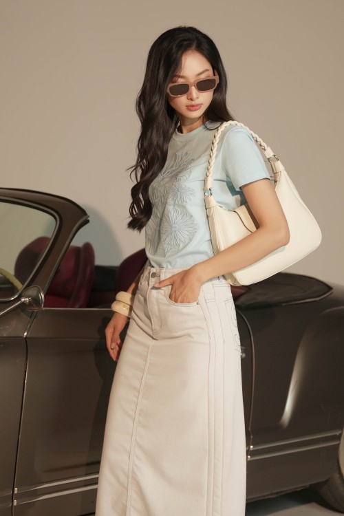 Light Blue Floral Embroidered Cotton Tshirt