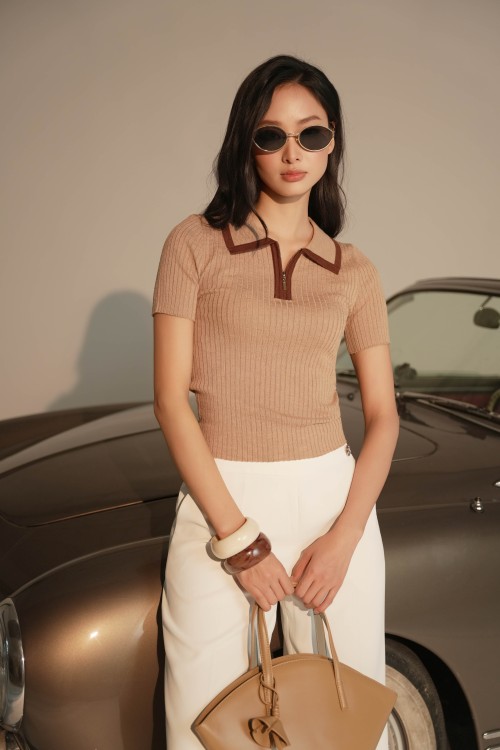 Light Brown Zip Knit Blouse