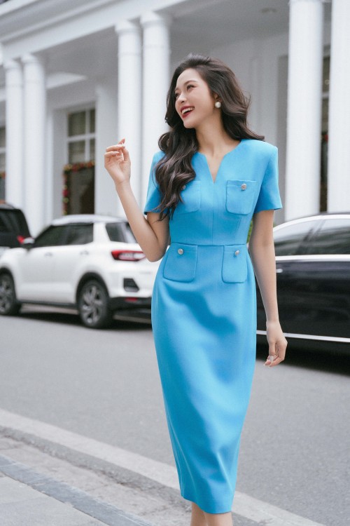 Blue Woven Pencil Dress