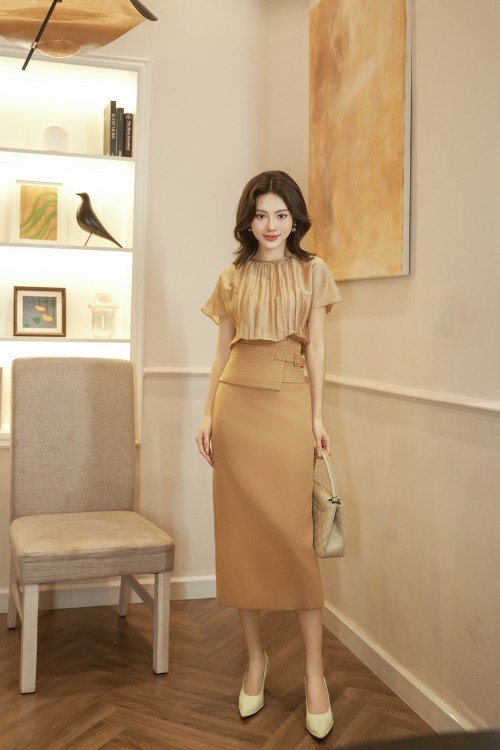 Brownish-beige Woven Pencil Dress