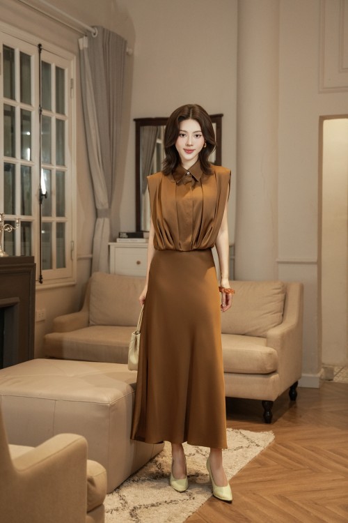 Brown Silk Flared Skirt