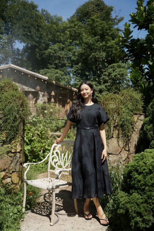 Black Organza Flared Dress With Belt