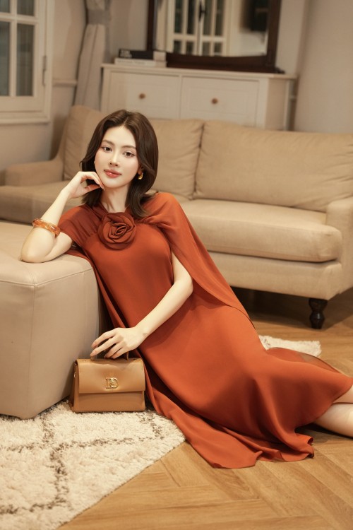 Ochre Chiffon Loose Dress With Flower