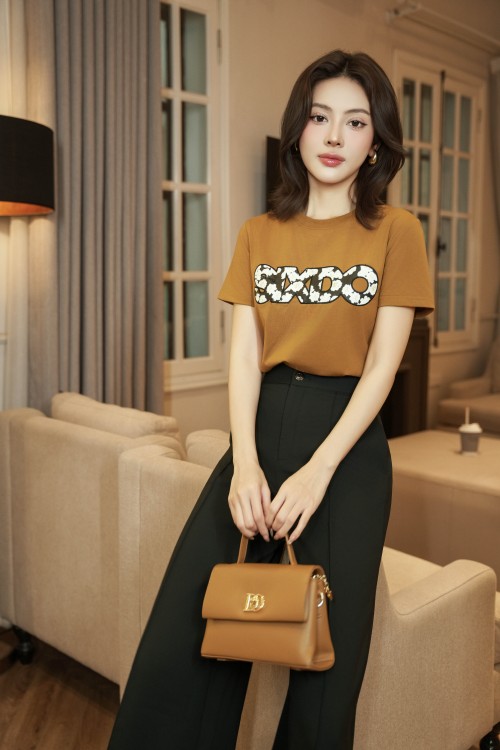 Brown Rose Print Sixdo Cotton Tshirt