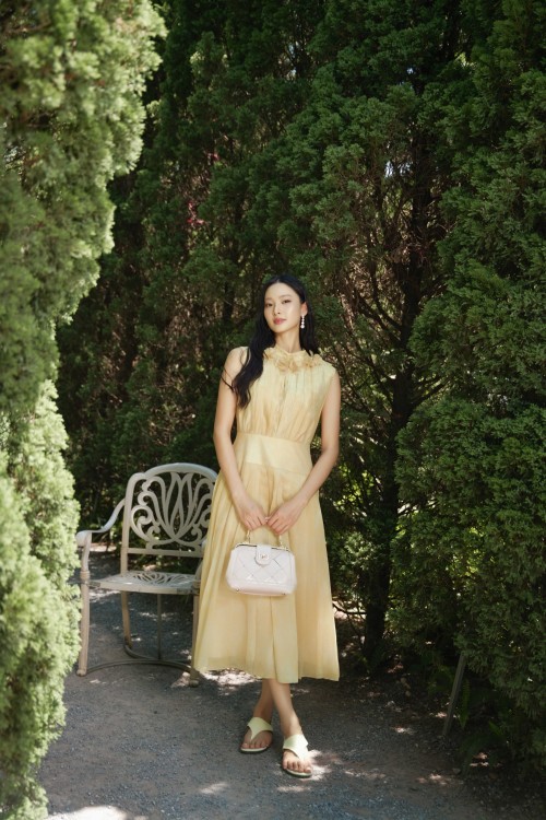 Light Yellow 3D Flower Organza Flared Dress