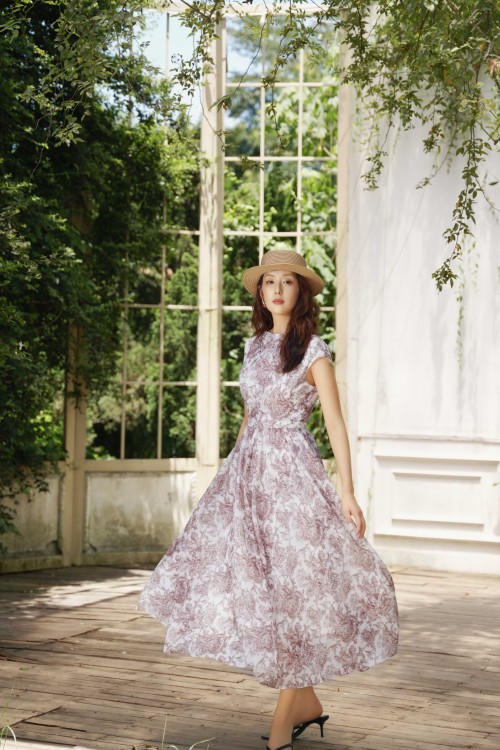 Off White Graphic Organza Flared Dress