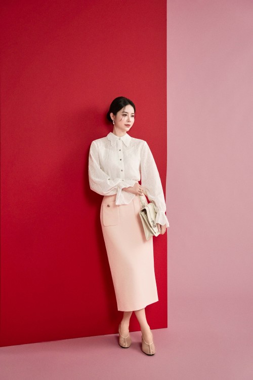 Salmon Woven Pencil Skirt