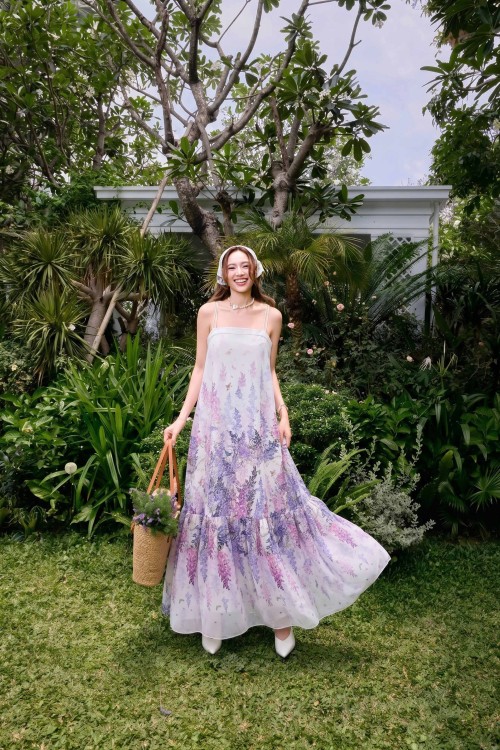 White Lavender Organza Maxi Dress