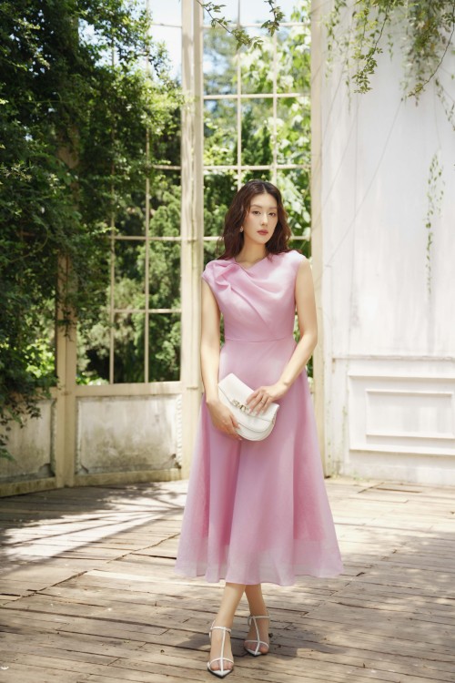 Peach Pink Organza Flared Dress