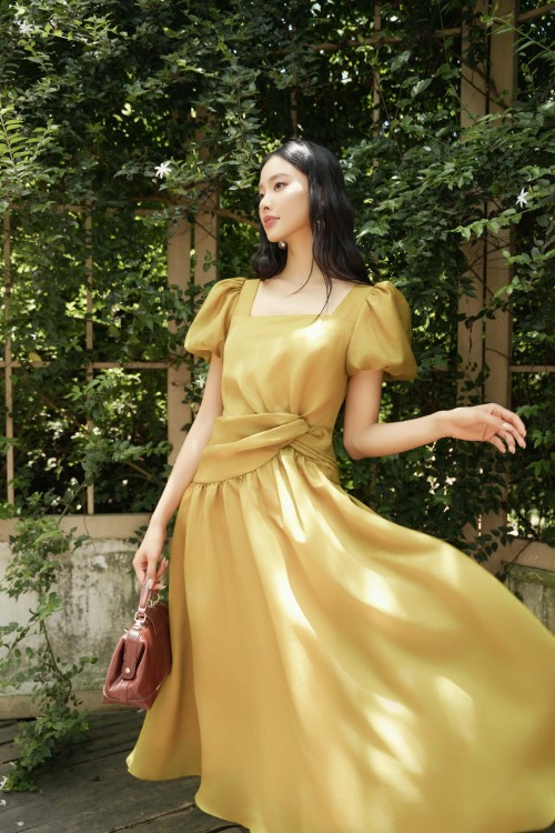 Olive Yellow Organza Flared Dress