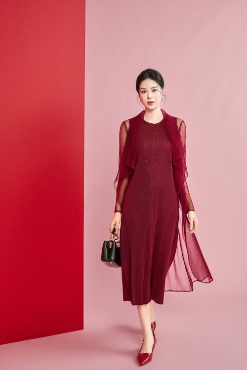 Russet Mesh Overlay Woven Flared Dress