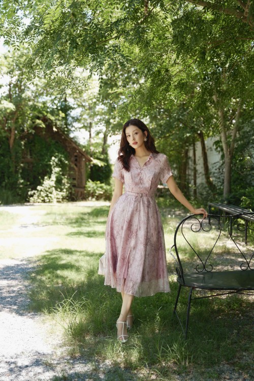 Light Mauve Organza Flared Dress