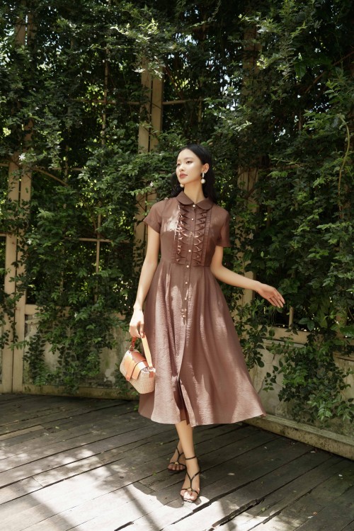 Dark Brown Organza Flared Dress