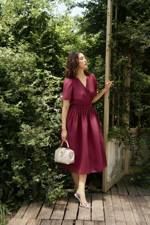 Wine Organza Flared Dress