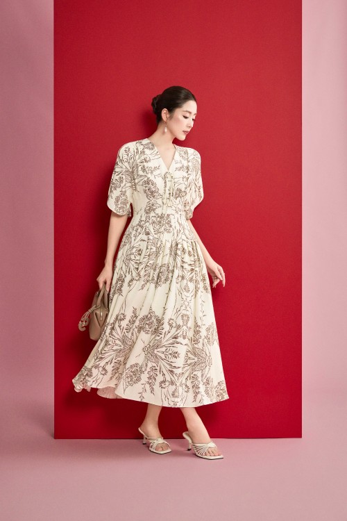 Dark Cream Linen Flared Dress