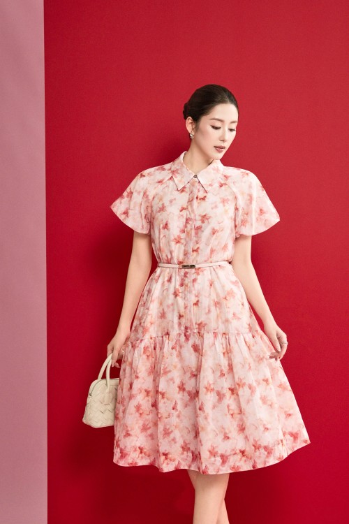 Pink Organza Loose Dress With Belt