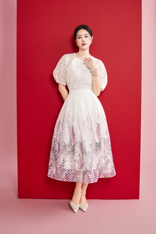 White Lavender Lace Flared Skirt