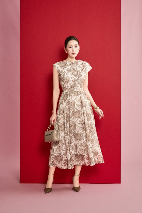 Off White Graphic Organza Flared Dress