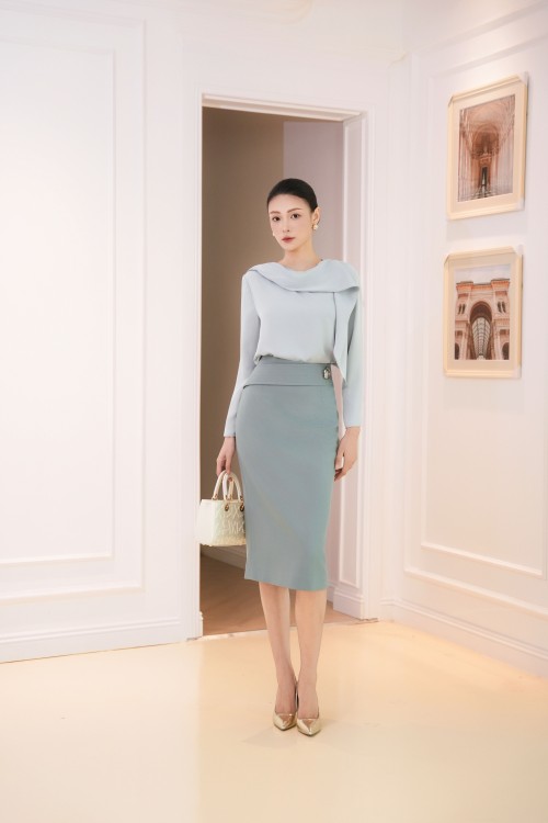 Blue-grey Woven Pencil Skirt