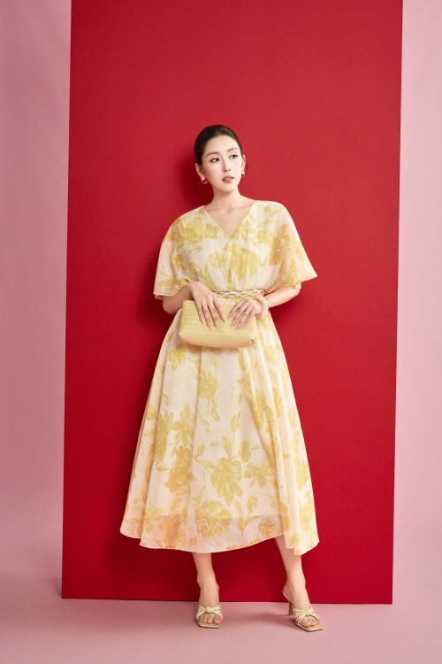 Dark Cream Organza Flared Dress