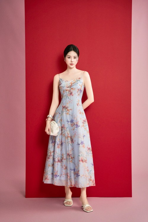 Ocean Floral Organza Sleeveless Dress