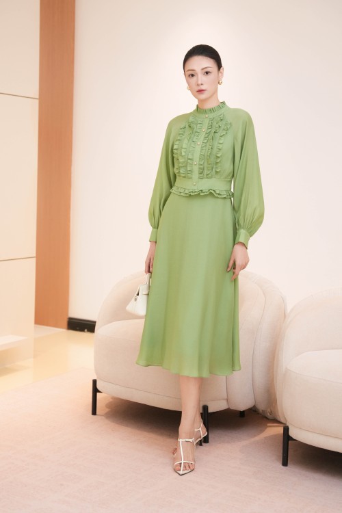Green Organza Flared Dress