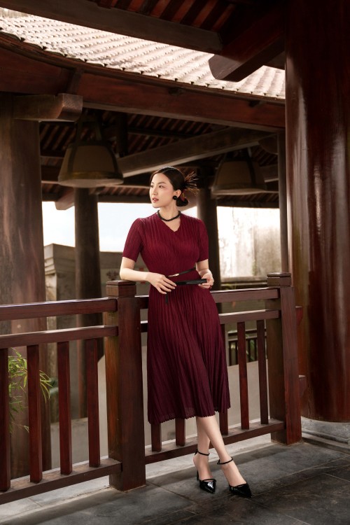 Plum Pleated Woven Flared Dress With Belt
