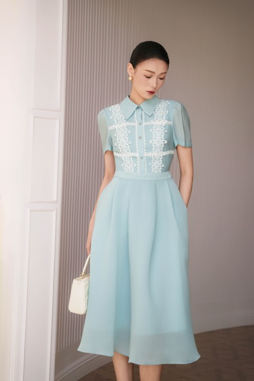 Light Blue Organza Flared Dress