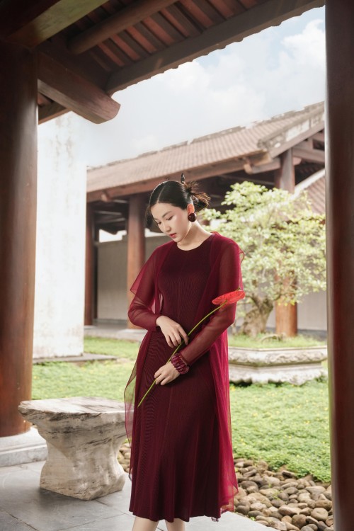 Russet Mesh Overlay Woven Flared Dress