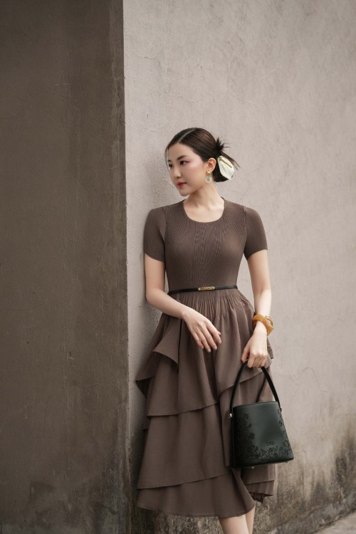Teak Ruffle Woven Flared Dress With Belt