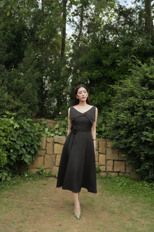 Black Brocade Flared Dress