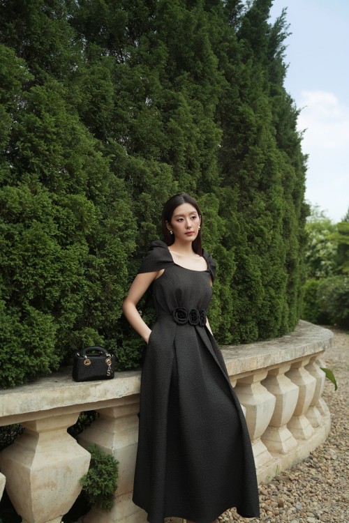 Black 3D Flower Brocade Flared Dress