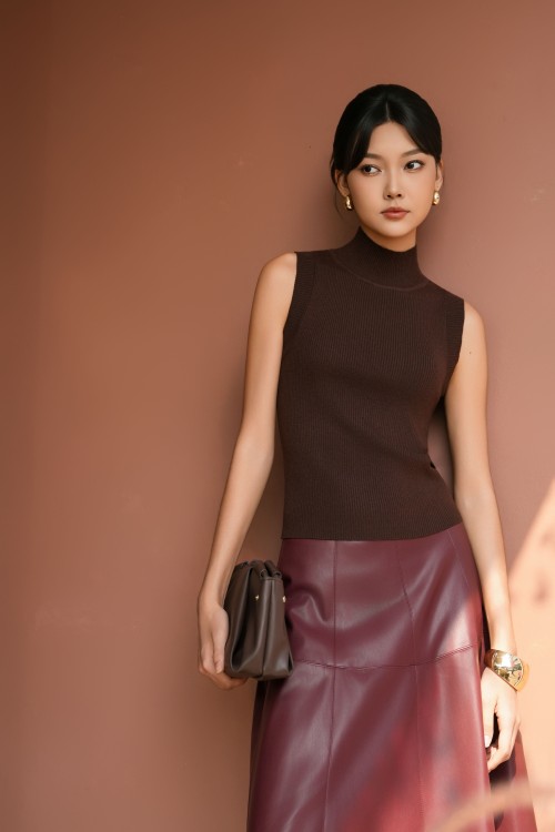 Dark Brown Mock Neck Knit Blouse