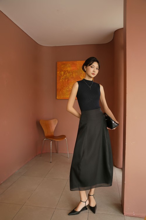 Black Organza Flared Skirt
