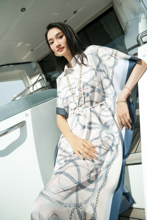 White Graphic Silk Loose Dress