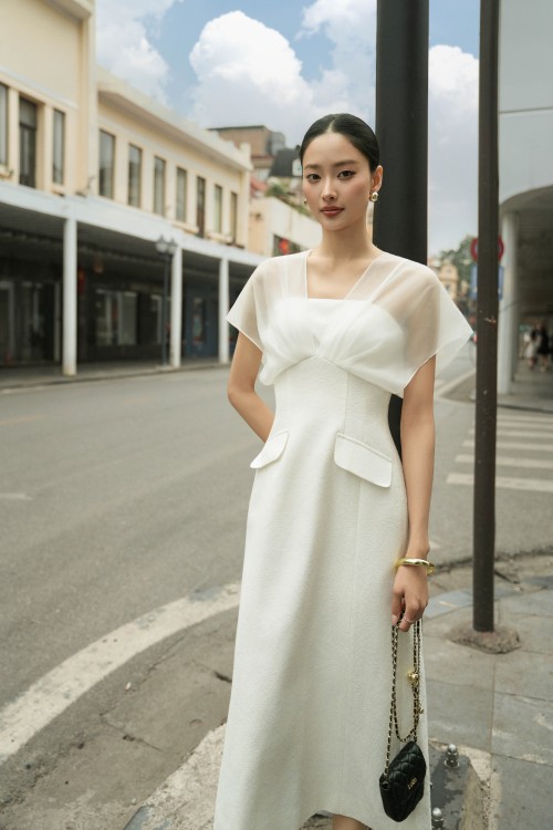 White Brocade Flared Dress