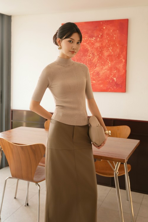 Light Brown Ribbed Knit Blouse
