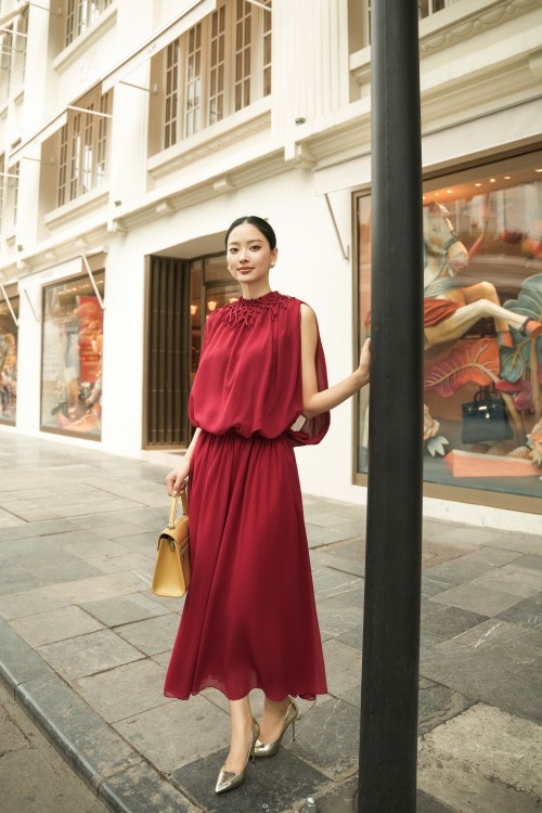 Dark Red Chiffon Flared Dress
