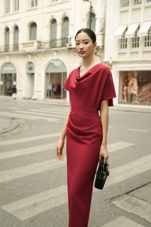 Dark Red Woven Pencil Dress