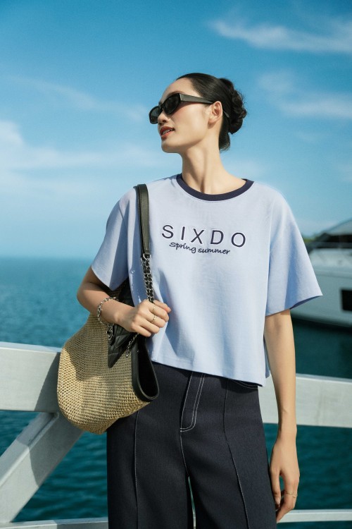 Blue Contrast Collar Cotton Tshirt