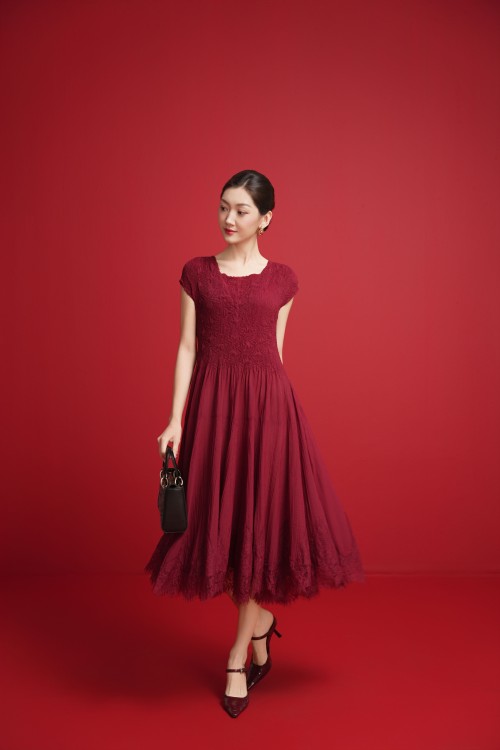 Dark Red Ruched Woven Flared Dress