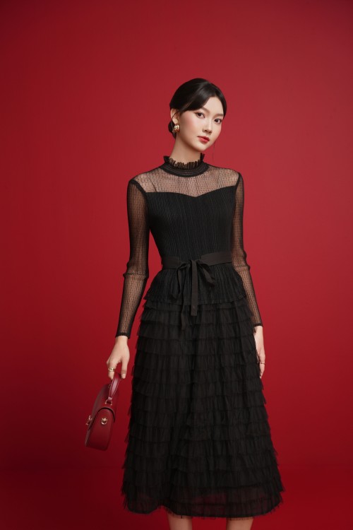 Black Ruffle Mesh Flared Dress