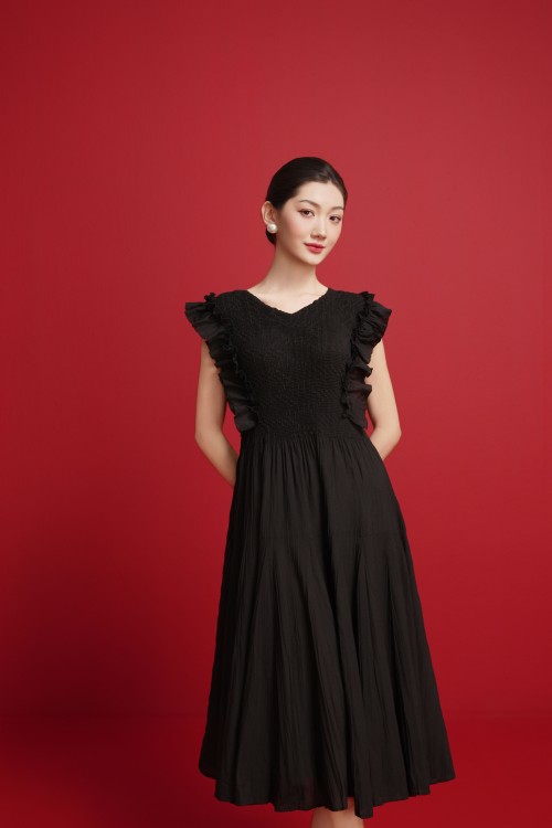Black Ruched Ruffle Woven Flared Dress
