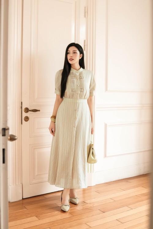 Dark Beige Organza Flared Dress