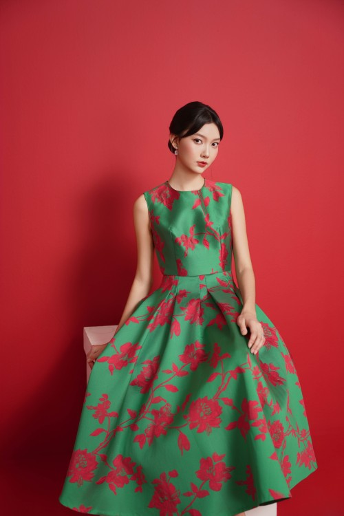Green Brocade Flared Dress