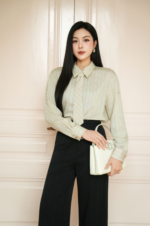 Dark Beige Organza Blouse With Tie